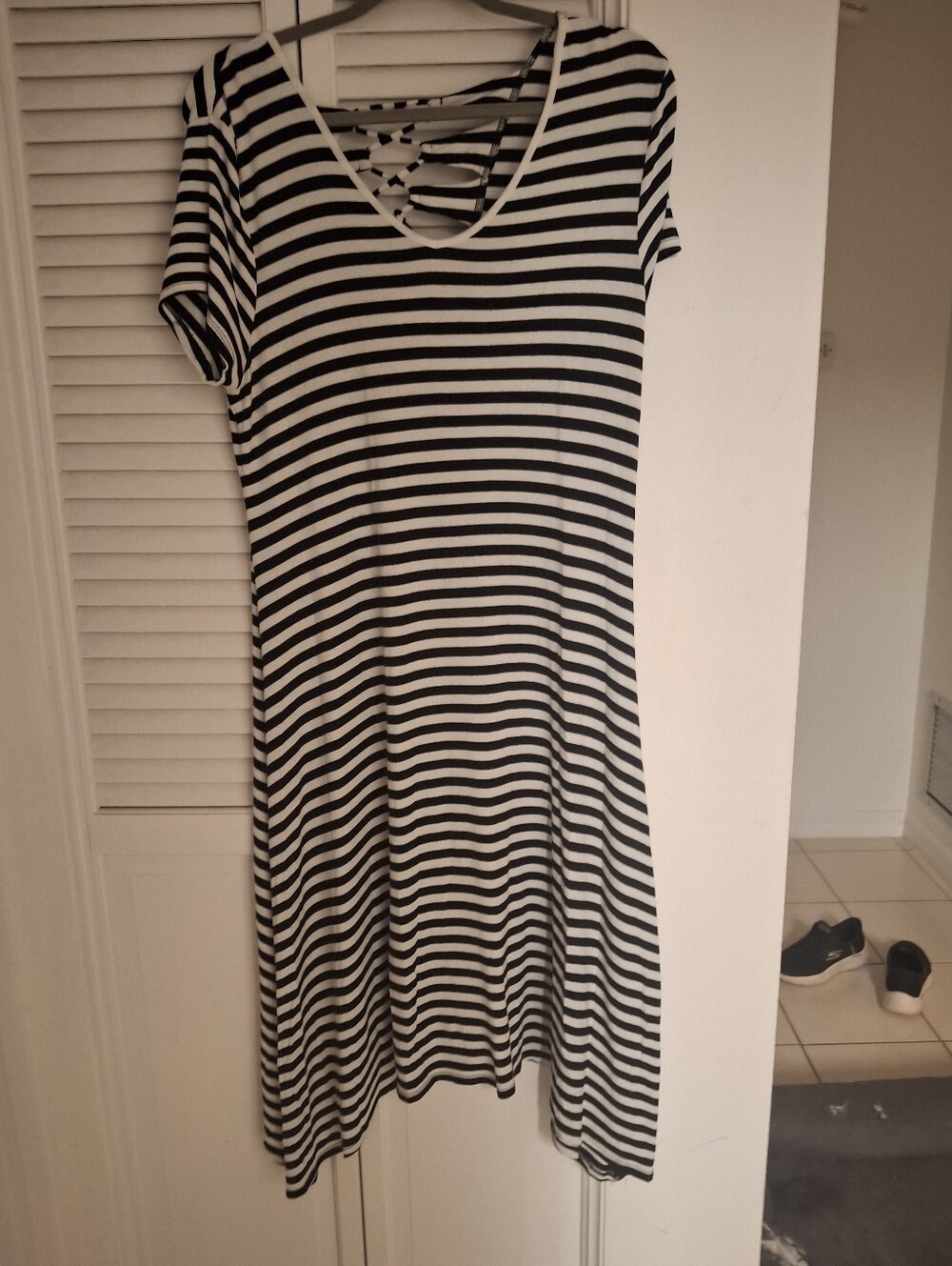 Chico's Black and White Striped Midi Dress with Crisscross Back